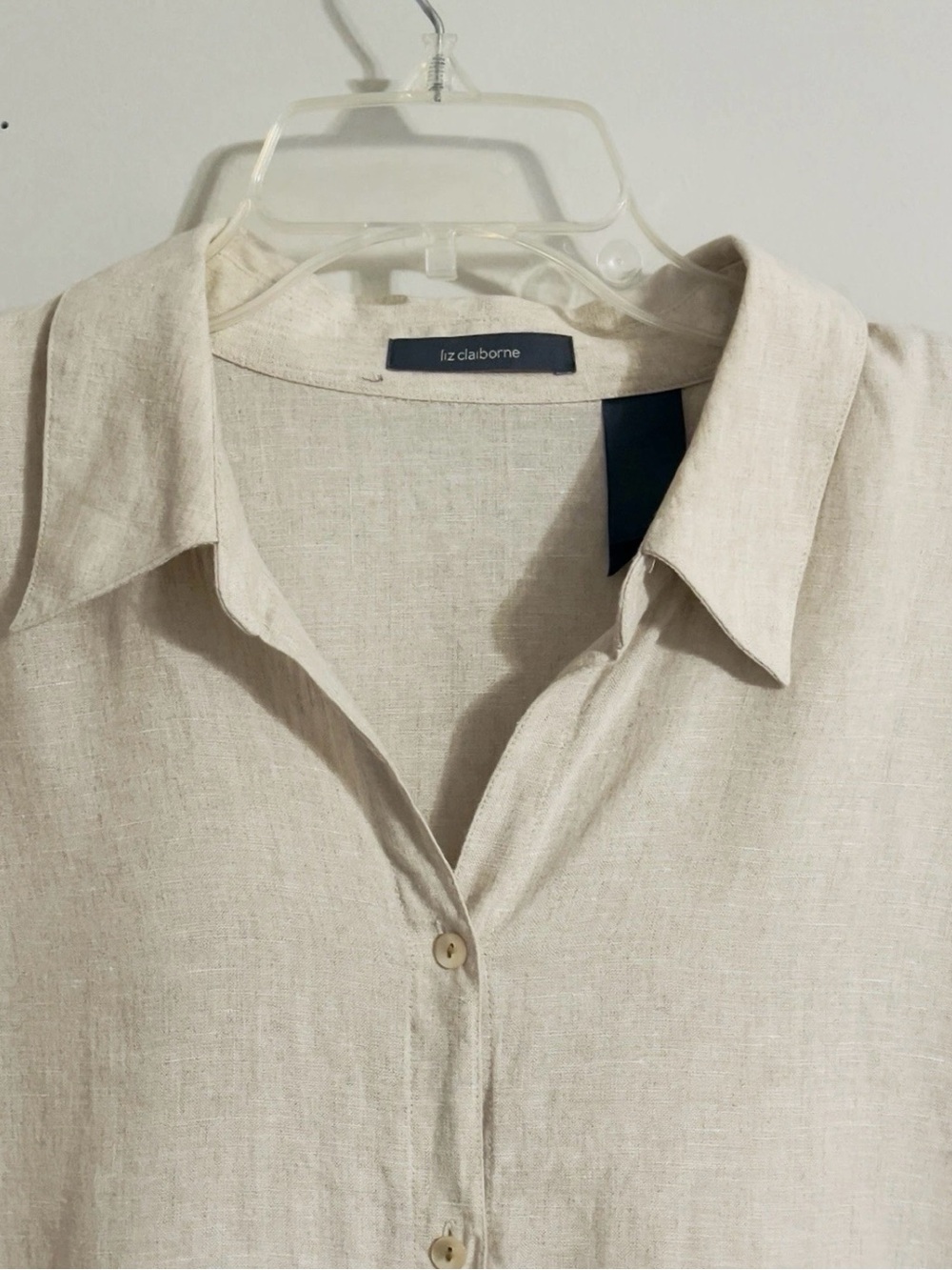 Liz Claiborne Boxy Linen Top Sz L Beige Knot Sleeve Coastal Lagenlook Minimalist - Picture 3 of 12